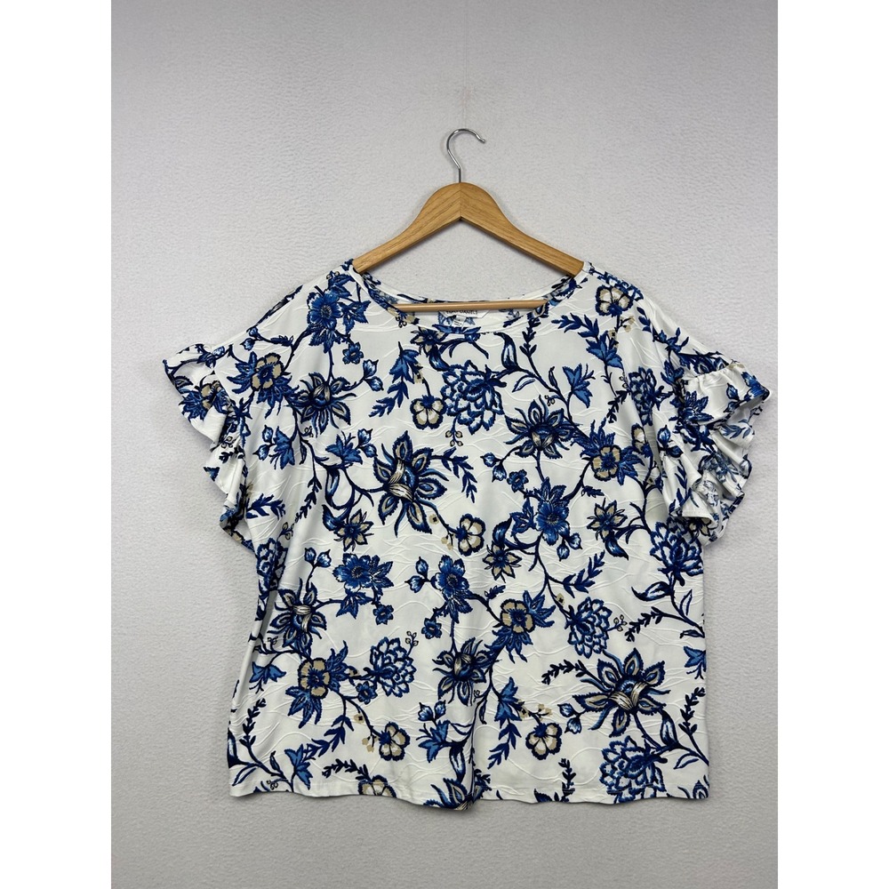 Cottagecore Boho Emily Daniels Womens Large White Blue Floral Ruffle Sleeve Top